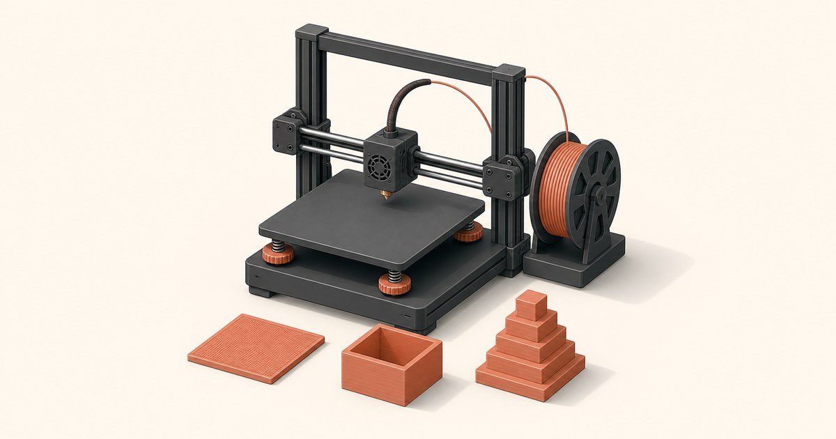 Desktop 3D printer with orange bed-leveling knobs and filament spool beside a first-layer square, hollow calibration cube, and stepped test tower.