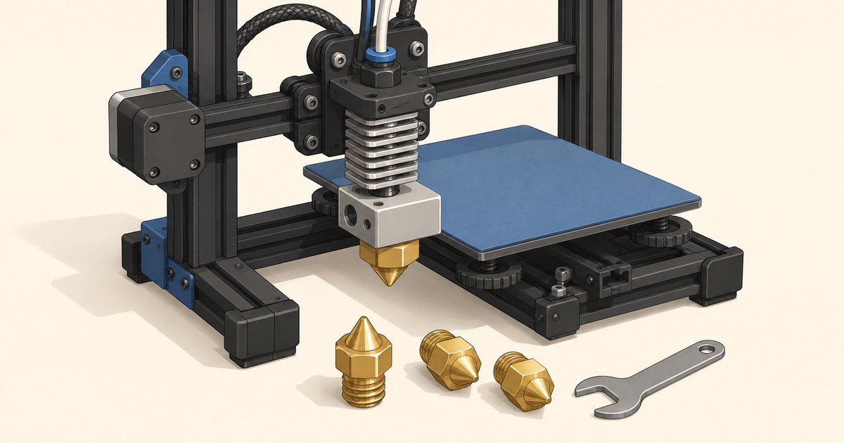 An Ender 3-style 3D printer hotend above a blue build plate, with three brass nozzles and a wrench arranged in front.