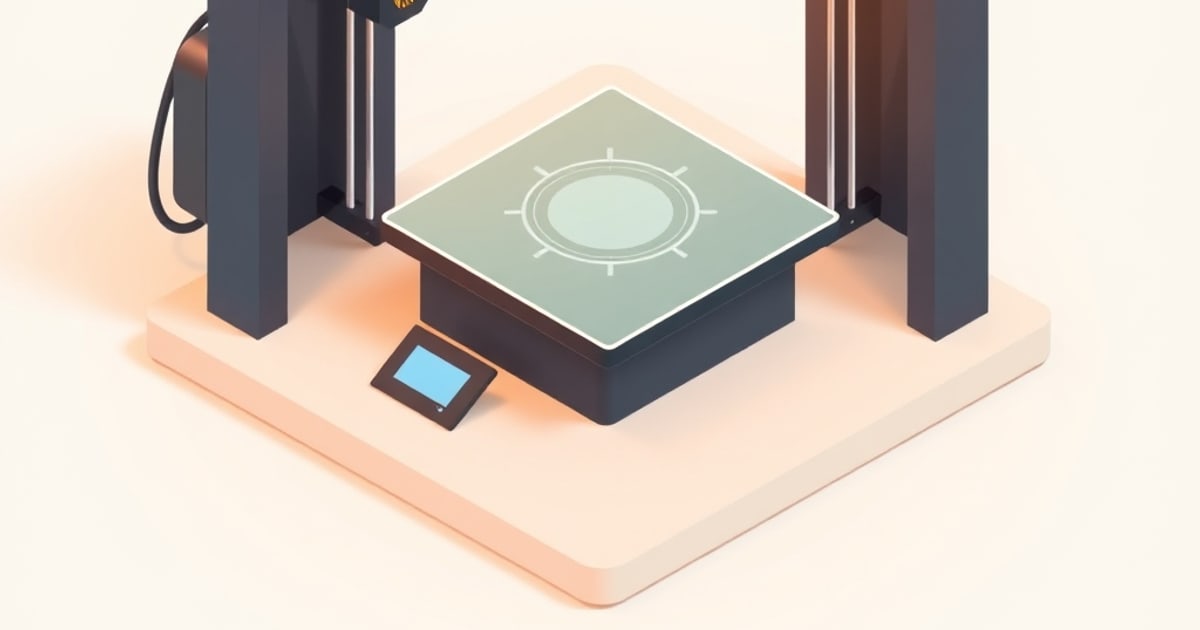 Isometric illustration of a 3D printer with a pale green print bed marked by a circular target, twin dark Z columns behind, and a small blue control screen