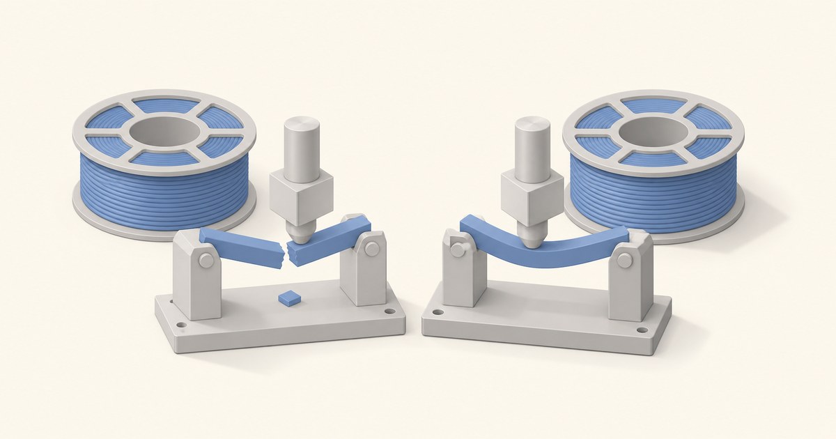 Two blue filament spools flank a pair of bend-test rigs where one plastic bar has snapped in half and the other flexes intact, contrasting PLA and PETG.