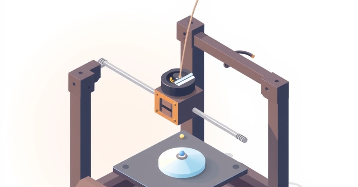 Flat isometric illustration of a 3D printer gantry with filament feeding into the hotend above a pale blue printed disc on a grey bed.