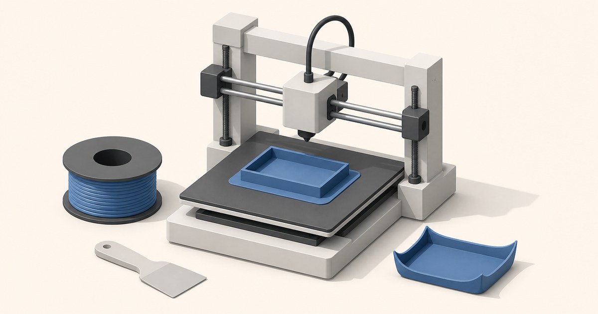 A stylized desktop 3D printer with a blue tray print on its bed, beside a blue filament spool, a scraper, and a finished print with corners curled upward.